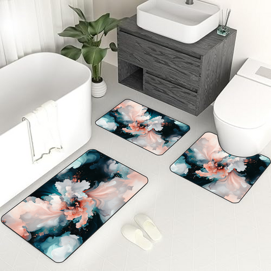 Peach & Aqua Marble Bloom 3-Piece Bathroom Mat Set